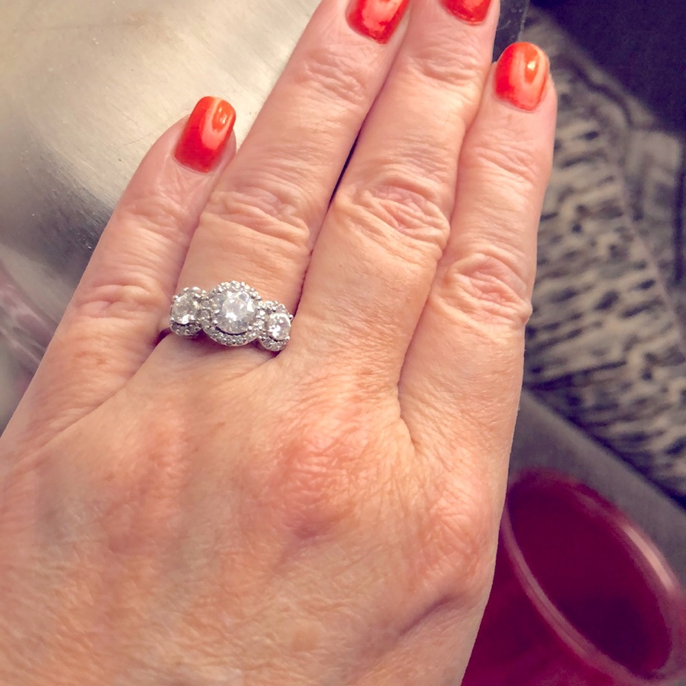 Diamonique Sterling 3 Stone Halo Ring